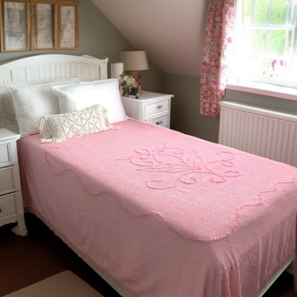 Vintage 60’s Floral Scroll Chenille Bedspread in Candy Pink | Size Twin